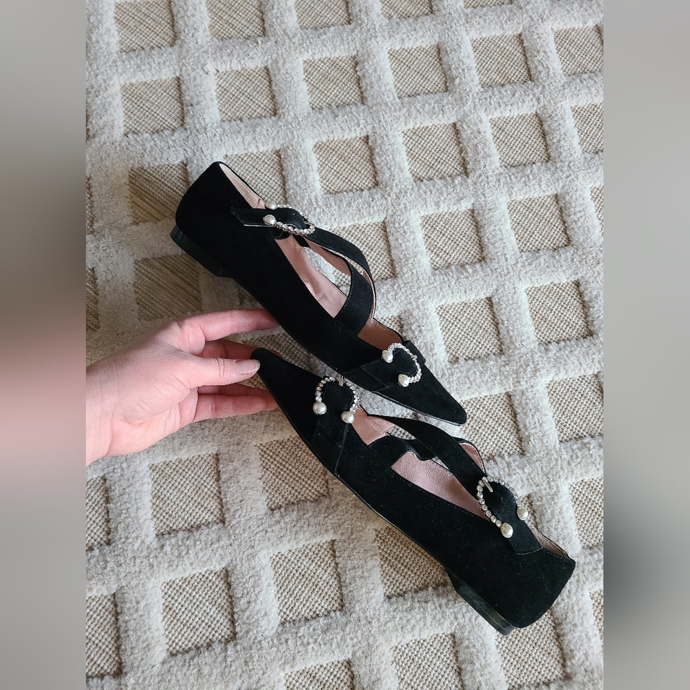 J.Crew Marina Black Suede Criss Cross Ballet Flats Rhinestones & Pearls Size 7 - Picture 7 of 9